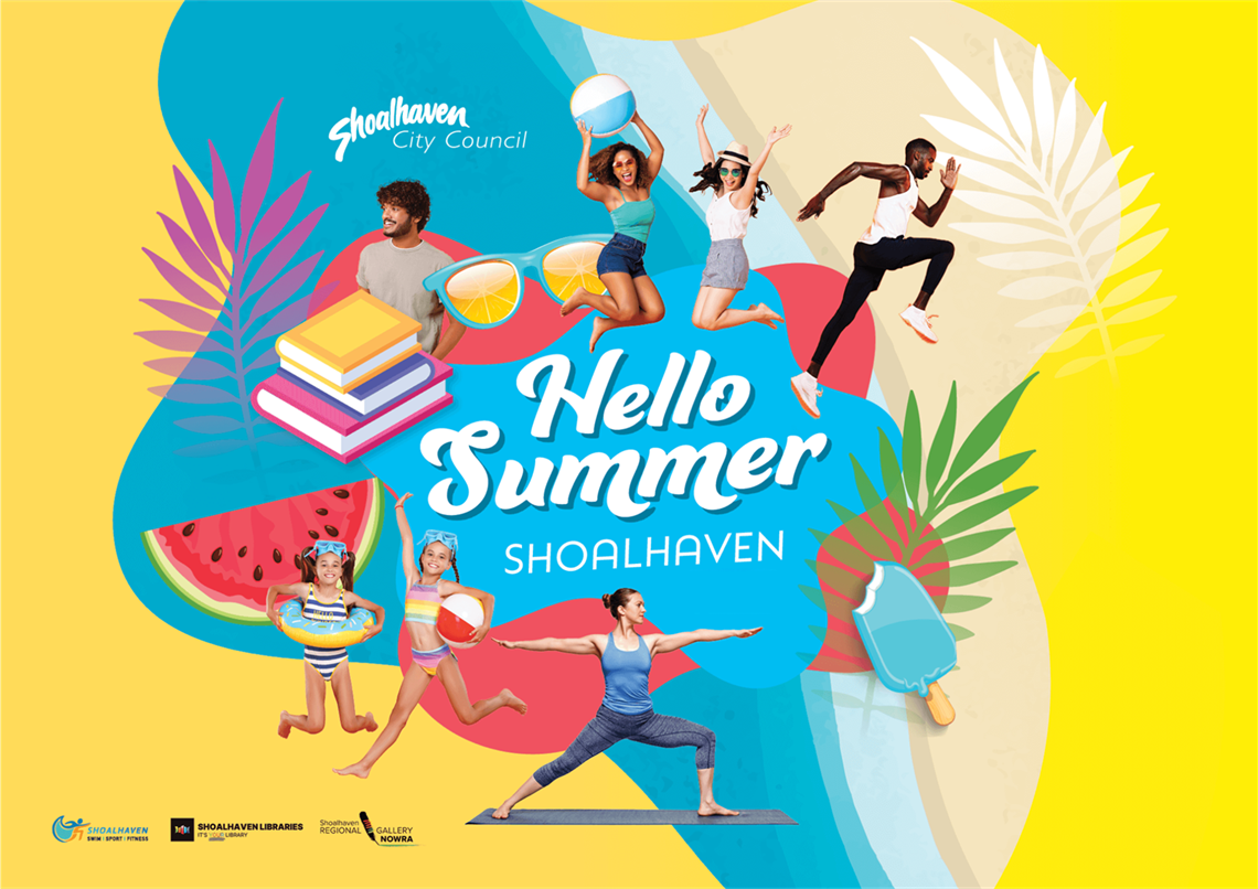 Hello summer collage of active people in summer clothes on a colourful illustrated graphic.